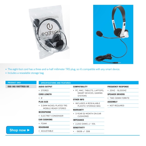 Stereo Headset with Boom Microphone Egghead Adjustable 8 ft cord PC Gaming Phone - Picture 3 of 7